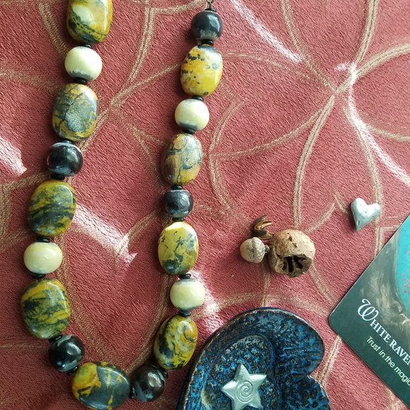 OOAK Yellow Turquoise, Raku Clay and Sterling Silver Beaded Necklace - Picture 2 of 5